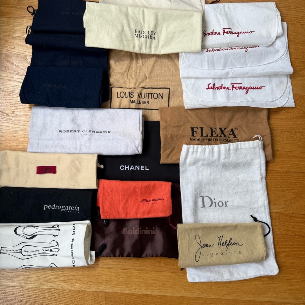 Designer Dust Bags Collection. 20 items. Dior, Chanel, Prada, Ferragamo, more